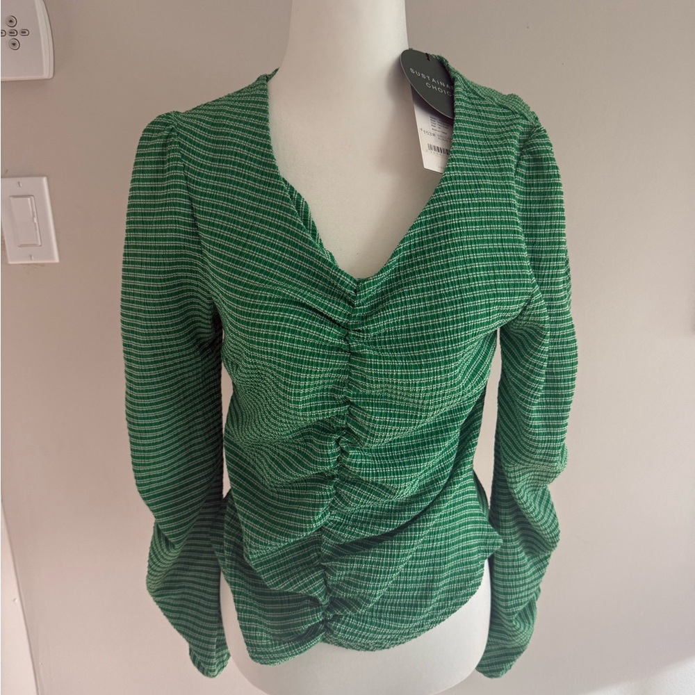 Just Female Green Striped Ruched Long-Sleeve Top